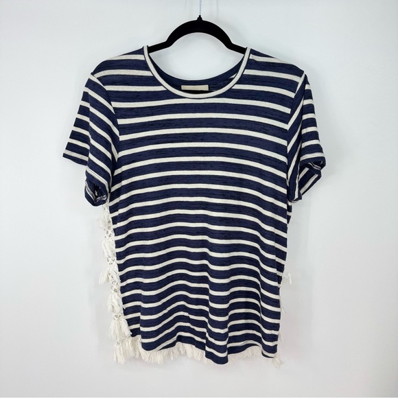 Sea Striped Tassels Back U Neck Full Length T Shirt - Picture 1 of 4